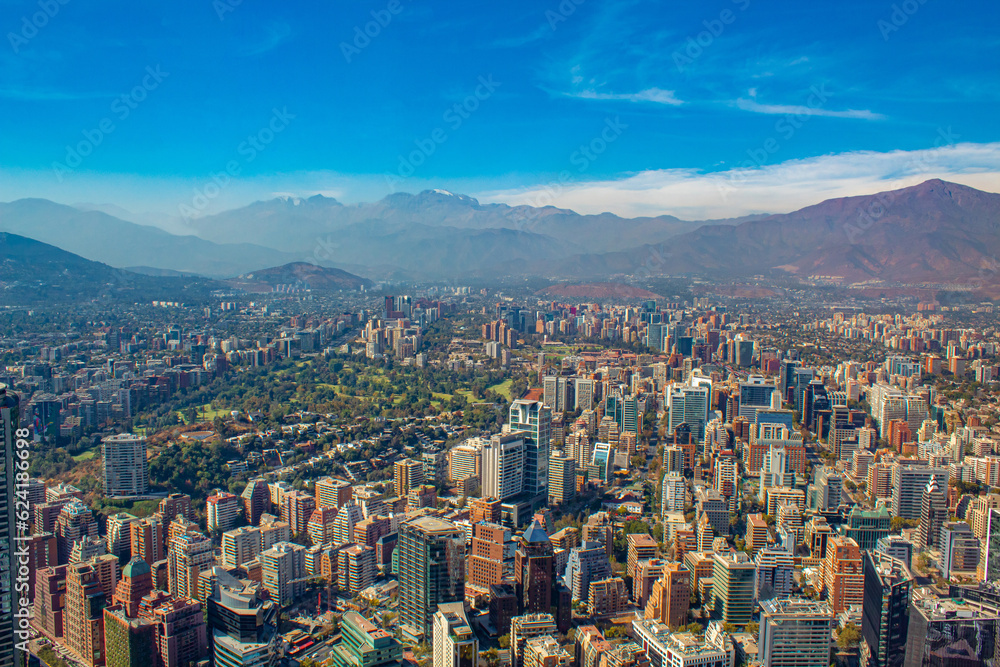 aerial view buildings   in Santiago, Chile andes mountain range