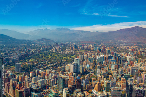aerial view buildings in Santiago, Chile andes mountain range