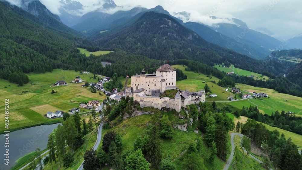 drone photo Tarasp Castle, schloss Tarasp Switzerland europe