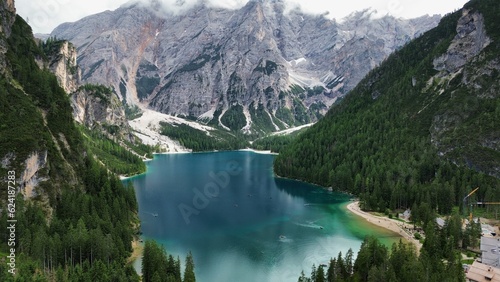 drone photo Lake Braies, lago di braies Dolomites Italy europe