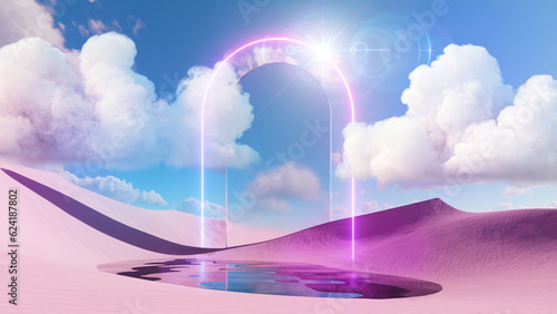 3d render. Abstract aesthetic background. Surreal fantasy landscape. Water in the middle of the pink desert, vertical neon arch and mirror under the blue sky with white clouds. Spiritual wallpaper
