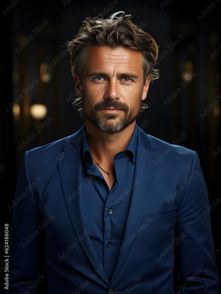 handsome businessman with a beard posing in a blue jacket - generative AI handsome businessman with a beard posing in a blue jacket - generative AI