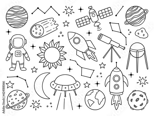 Space doodle set. Cosmic rocket, planets, telescope, astronaut, moon, sun, astrology, constellations in sketch style. Hand drawn vector illustration isolated on white background