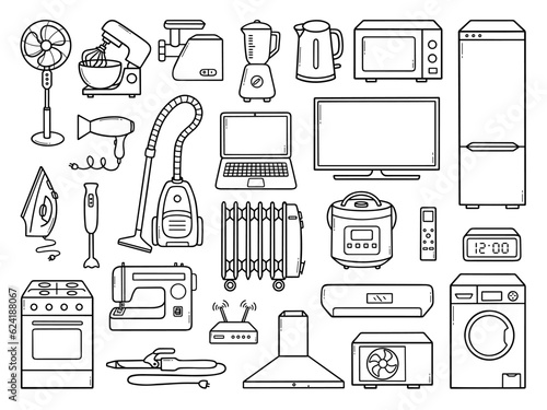 Home appliances doodle set. Household equipment: microwave, refrigerator, vacuum cleaner, sewing machine, hair dryer, mixer in sketch style. Hand drawn vector illustration isolated on white background