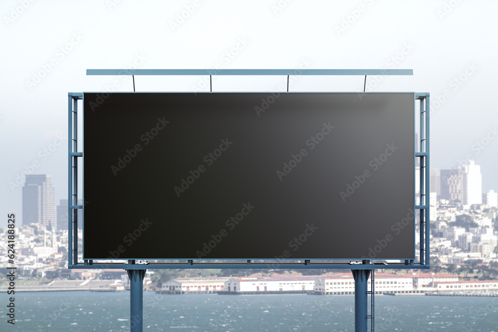 Blank black billboard on cityscape background, front view. Mock up, advertising concept Blank black billboard on cityscape background, front view. Mock up, advertising concept