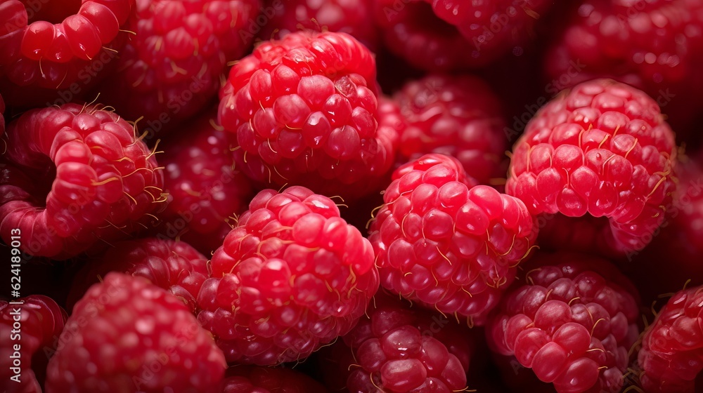 Fresh, juicy, ripe raspberries. View from above. AI generation. Fresh, juicy, ripe raspberries. View from above. AI generation.