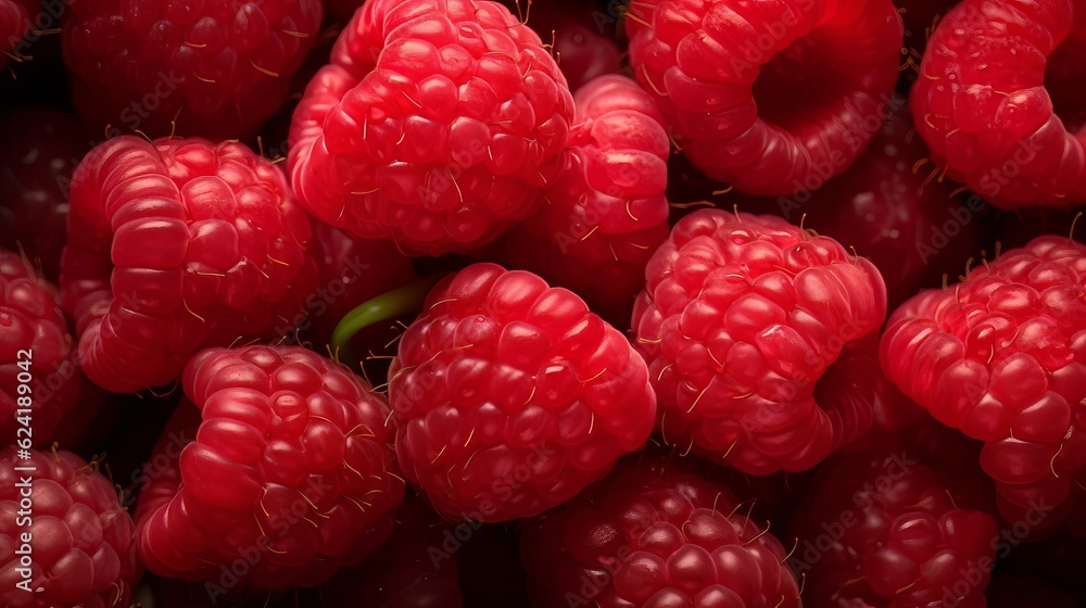 Fresh, juicy, ripe raspberries. View from above. AI generation. Fresh, juicy, ripe raspberries. View from above. AI generation.