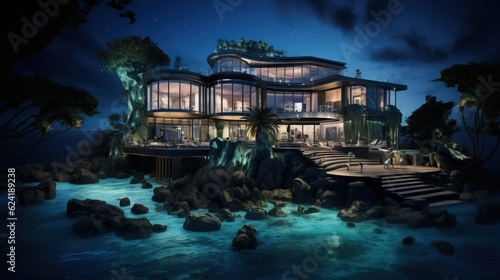 Incredibly Huge Mansion over a Coast near the Ocean. Futuristic