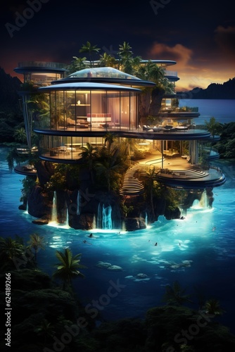 Incredibly Huge Mansion over a Coast near the Ocean. Futuristic