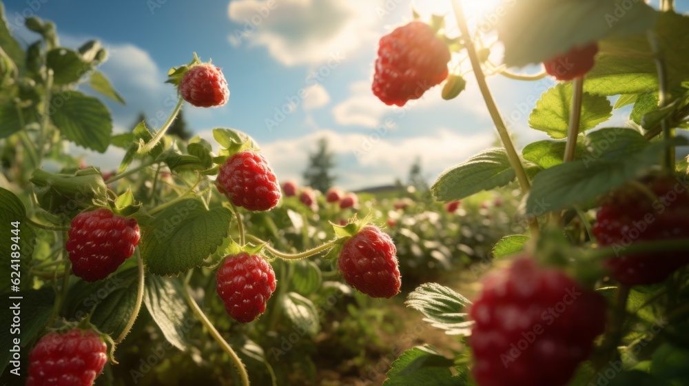 Obraz premium Fresh, juicy, ripe raspberries. In field. AI generation.