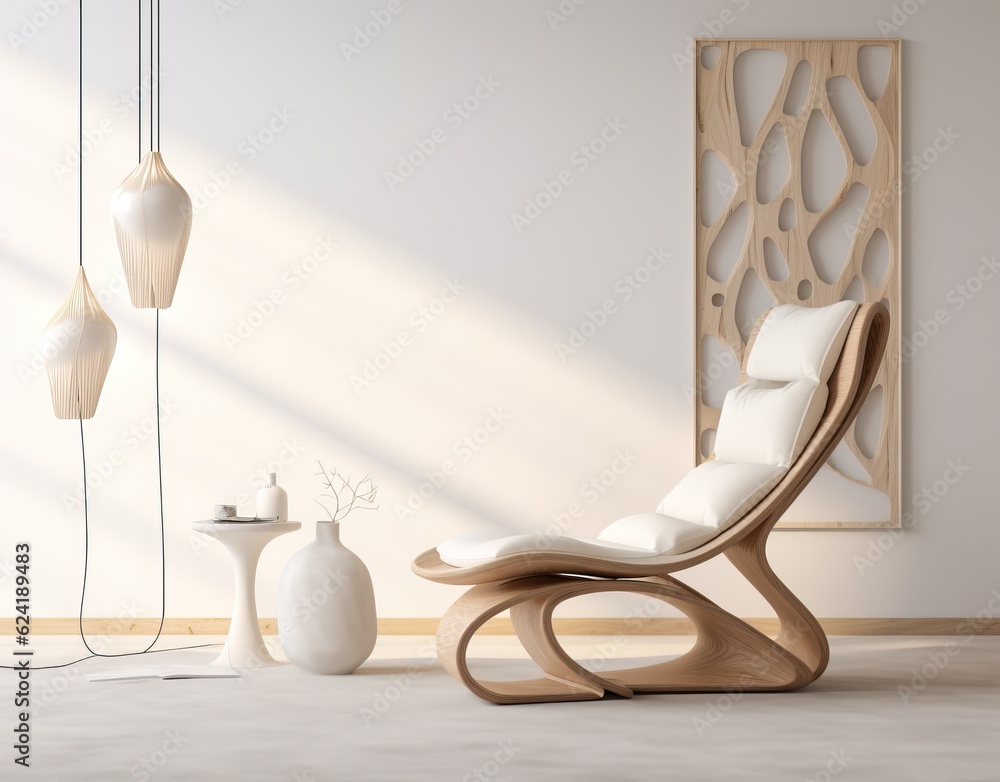Futuristic Wooden Seat with White Pillows with Insane Shapes.