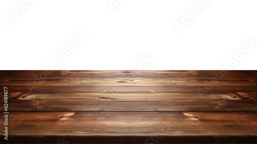 A Front View of Dark Brown Blank Wooden Tabletop Mockup, Empty Wooden Table. Isolated on Transparent Background. Generative AI