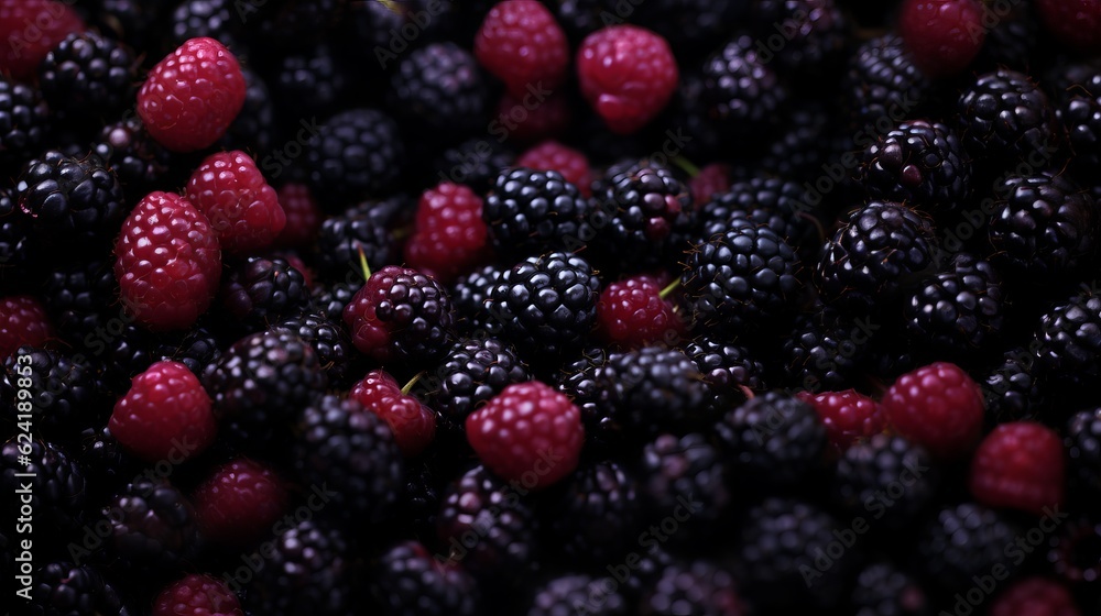 Fresh, juicy, ripe blackberries. AI generation. Fresh, juicy, ripe blackberries. AI generation.