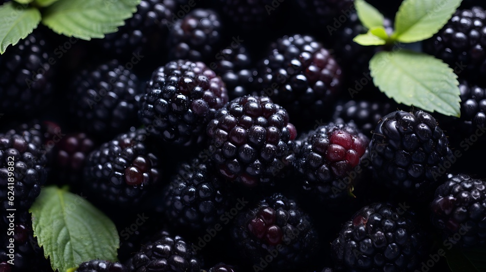 Fresh, juicy, ripe blackberries. AI generation. Fresh, juicy, ripe blackberries. AI generation.