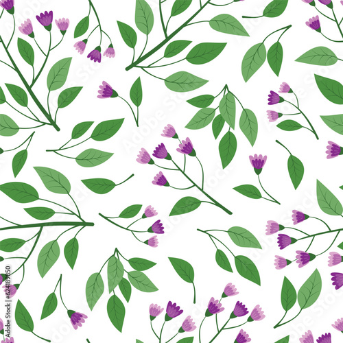 Seamless pattern with hand drawn purple and pink flowers floral branch  twig.