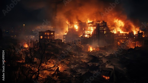 An image of a city covered in fire at night  reflecting a devastating scene. Generative AI.