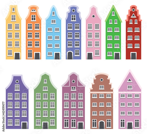 Set of cartoon colorful houses of an ancient European city, isolated vector objects on a white background