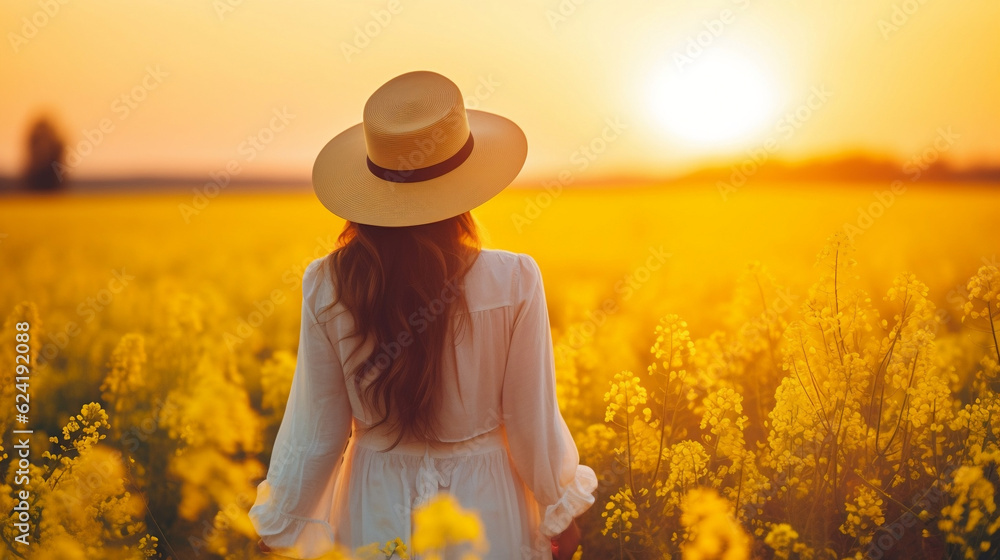 Woman in a field of  yellow flowers