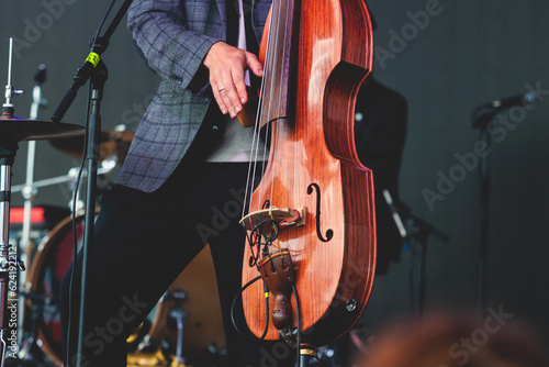 Canvas Print Concert view of a contrabass violoncello player with vocalist and musical rock b