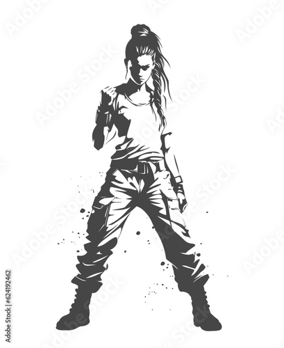 A cute, but aggressive girl stands with her legs wide apart, raises her hand clenched into a fist in front of her face. Girl power. Womens rights. Vector illustration