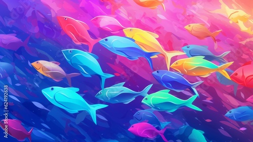 Colorful beautiful advertising background. From bright fish. AI generation.