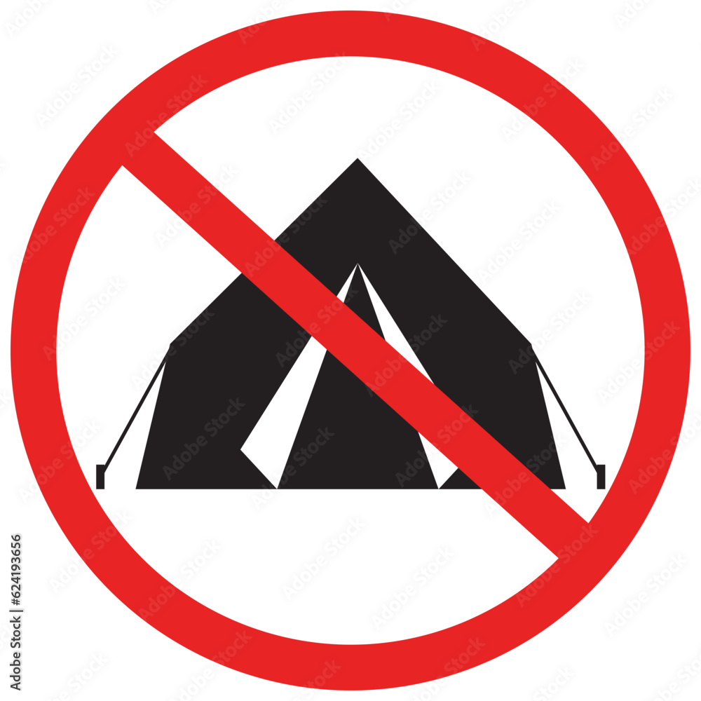 Black no camping warning icon with red stop sign, simple outdoor