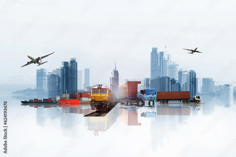 Fototapeta premium Business of the world logistic network distribution or transportation Industry or shipping business Container Cargo shipment truck delivery, airplane , import export Concept