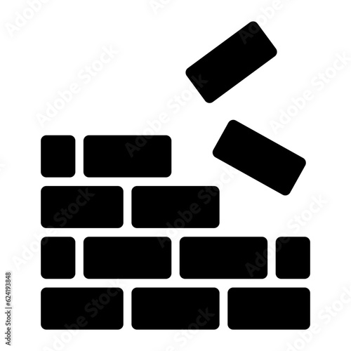 Black simple careful under construction brick icon, vector flat design building up brickwall industry material warning interface element for app ui ux web button isolated on white background