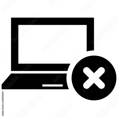 Black single laptop with cross mark x soiled icon, simple failed system process flat design pictogram, infographic vector for app logo web button ui ux interface element isolated on white background