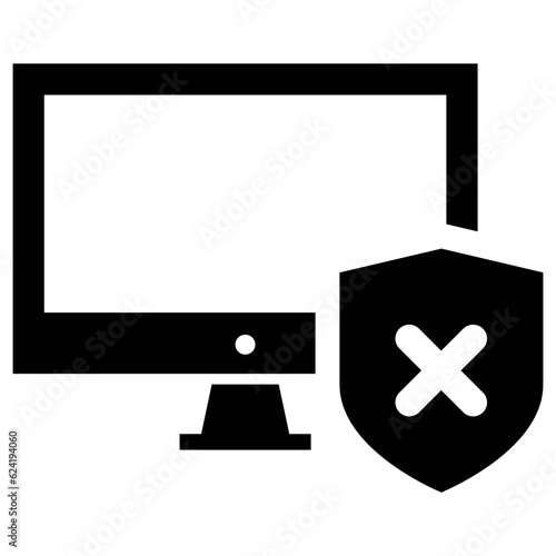 Black digital computer insecure failed icon, simple tech flat design illustration infographic pictogram vector, app logo web button ui ux interface elements isolated on white background