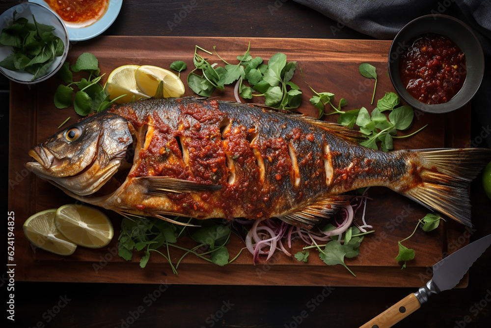 Grilled fish served with tomato sauce and parsley, top view. Generative AI Grilled fish served with tomato sauce and parsley, top view. Generative AI
