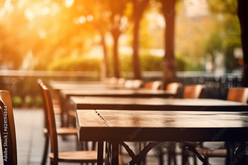 Empty tables in a cafe outdoors, sunset, blurred background. Generative AI