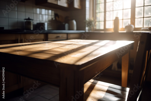 Wooden kitchen minimalist table in a sunlight. Generative AI