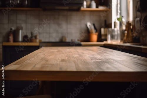 Empty wooden table worktop in a vintage kitchen. Generative AI
