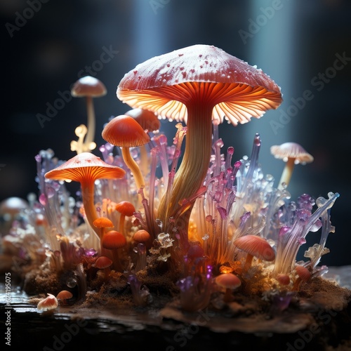 close up of pink and translucent mushrooms, generative ai