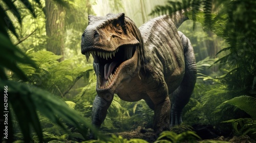 The Tyrannosaurus Rex dinosaur in green prehistoric jungle forest on a Sunny morning.