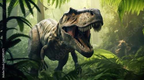 The Tyrannosaurus Rex dinosaur in green prehistoric jungle forest on a Sunny morning. photo