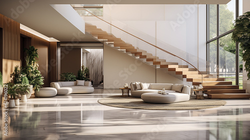 Interior design della moderna sala d'ingresso con scala in lussuosa villa, colori tenui legno e bianco, scalinata maestosa photo