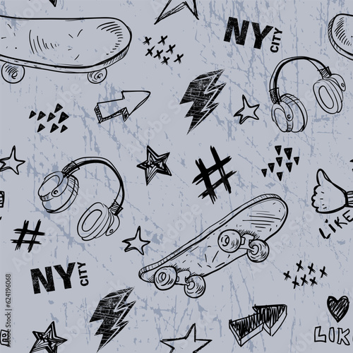 Seamless pattern with words and hand drawing elements. Texture background. Wallpaper for teenager. Fashion style