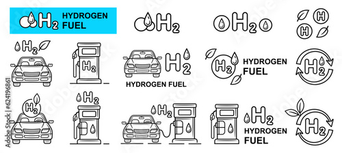 H2 hydrogen fuel gas cell car filling station, electric hybrid auto transport charging line icon set. Automobile vehicle refueling ecological gasoline. Alternative eco friendly renewable energy vector