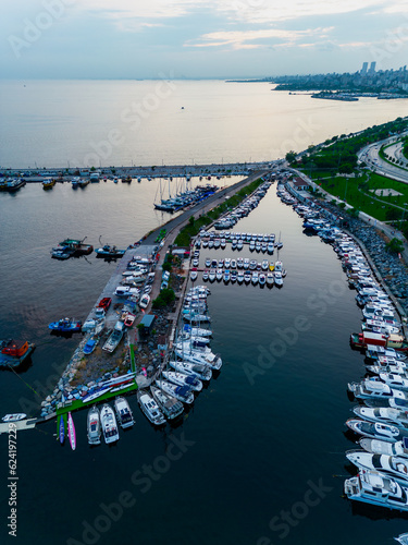 Aerial Drone View of Kalamis Fenerbahce Marina in Istanbul. Luxury Life. photo