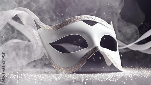 Elegant white masquerade mask subtle animated image motion background seamless looping for party video background, event costume ball dance holiday New Years Mardi Gras Carnival sparkling lights