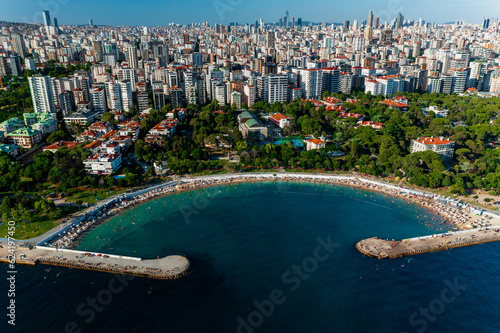 Fototapeta Naklejka Na Ścianę i Meble -  Aerial view of beach and park in Caddebostan district on the Marmara Sea coast of the Asian side of Istanbul, Turkey.