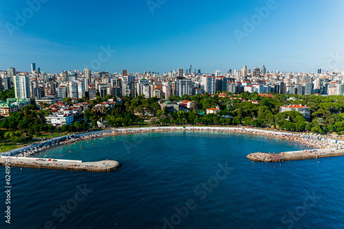 Aerial view of beach and park in Caddebostan district on the Marmara Sea coast of the Asian side of Istanbul, Turkey.