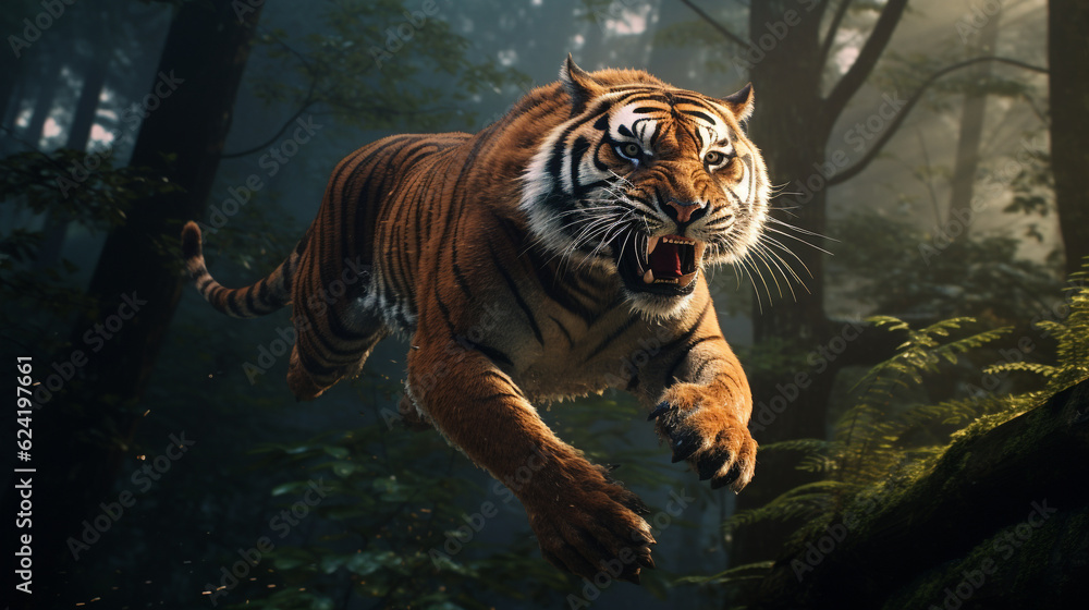 Jumping tiger in the forest