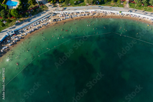 Aerial view of beach and park in Caddebostan district on the Marmara Sea coast of the Asian side of Istanbul, Turkey.