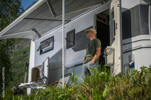 Caucasian Man in His 40s on a Camper Van RV Road Trip.