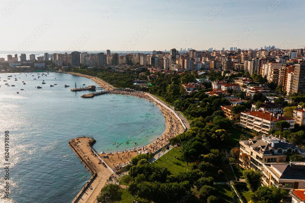 Aerial view of beach and park in Caddebostan district on the Marmara Sea coast of the Asian side of Istanbul  Turkey.