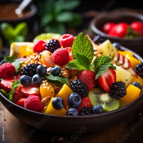 fresh fruit  mixed fruit salad with fresh strawberries  raspberries and blueberries in a bowl that is decorated with mint  generative ai