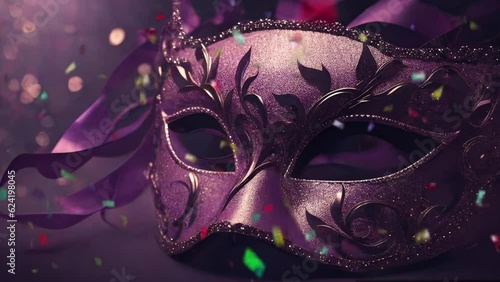 Elegant purple masquerade mask subtle animated image motion background seamless looping for party video background, event costume ball dance holiday New Years Mardi Gras Carnival sparkling lights